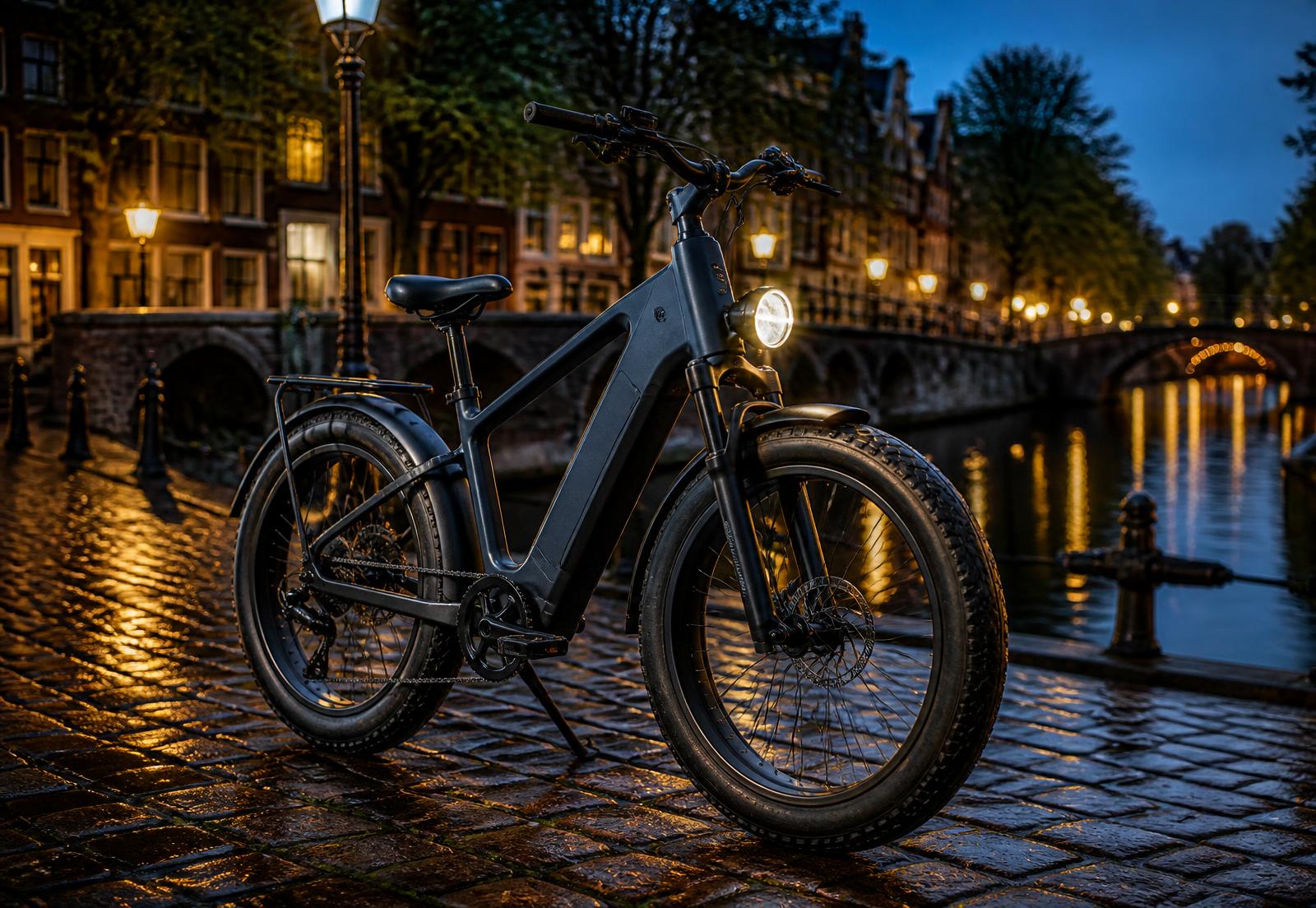 Elektrische fatbike op natte kinderkopjes bij een gracht in het blauwe uur